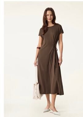 OGL Cotton Lyocell Easy Airy Midi Dress Brunette Brown Size S NEW
